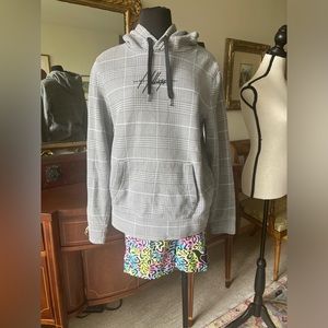 Pre-loved Hollister plaid hoodie M. Gray and white with black details.